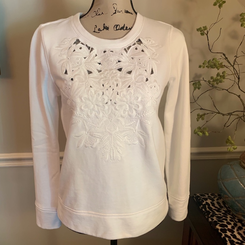 J. Crew White Embroidered Cutout Crewneck Sweater Sweatshirt, XS, EUC